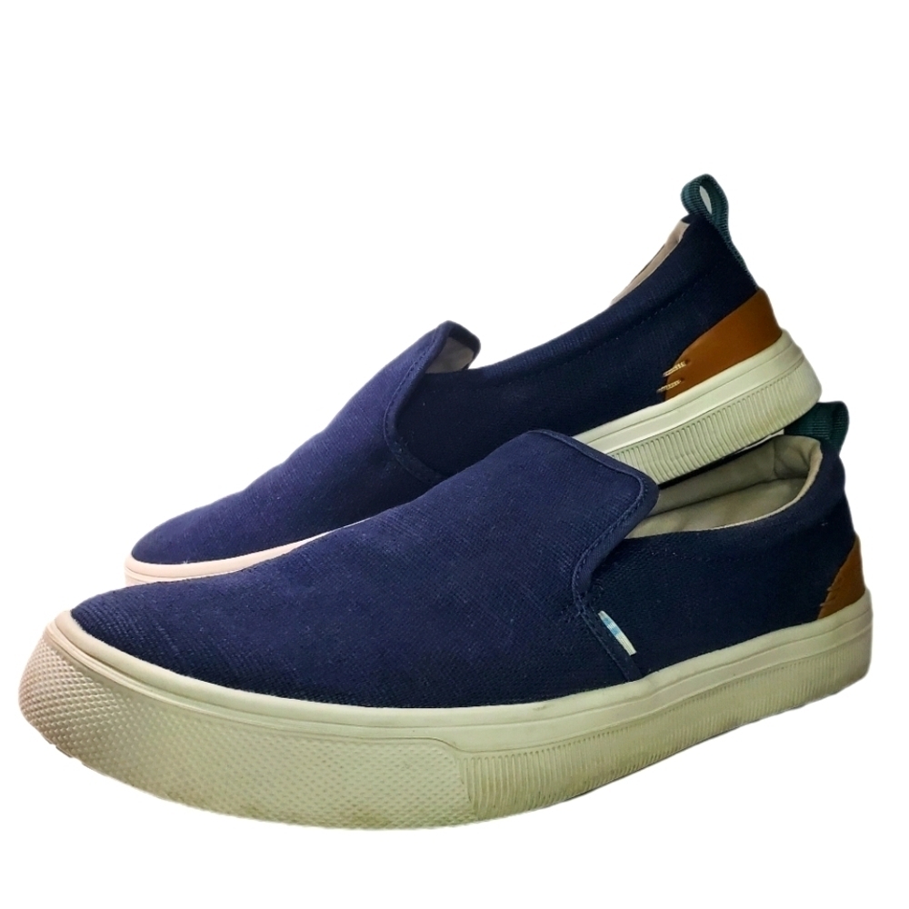 Toms Men's Travel Lite Navy Heritage Canvas Slip-on Sneakers Size 11 EUC Leather